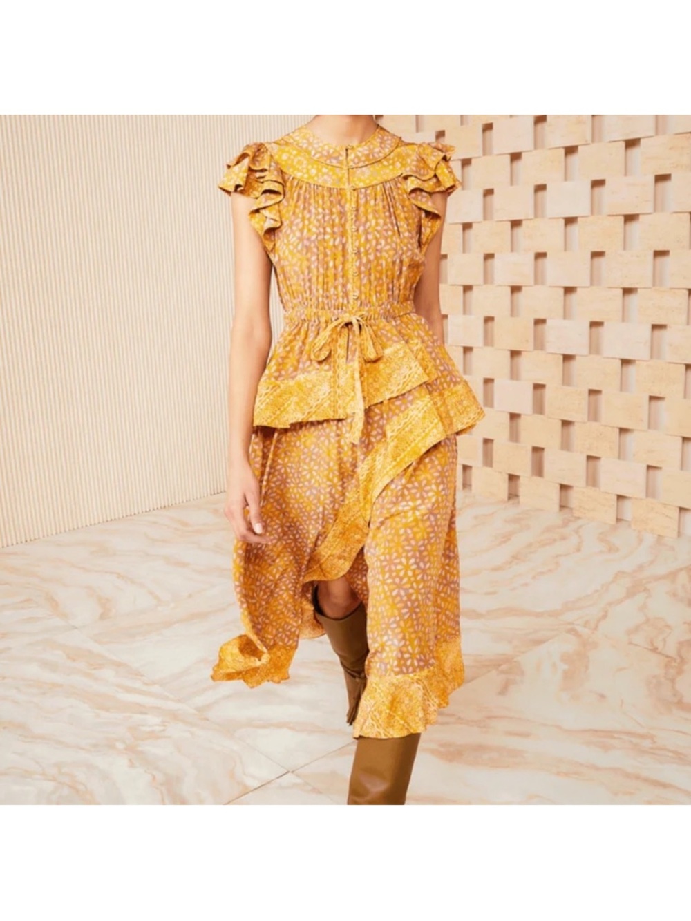 Ulla Johnson Netra Midi Dress Tiered Ruffle Fall Floral Silk Yellow Gold Size 00